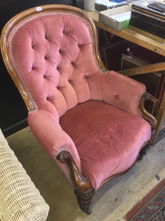 Victorian mahogany spoonback buttoned print dralon armchair